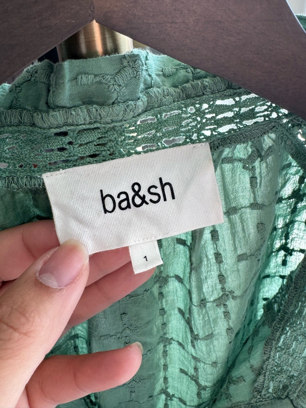 ba&sh Baria Blouse in Green Lace Trim Eyelet Puff Sleeve | 1 - Picture 2 of 6